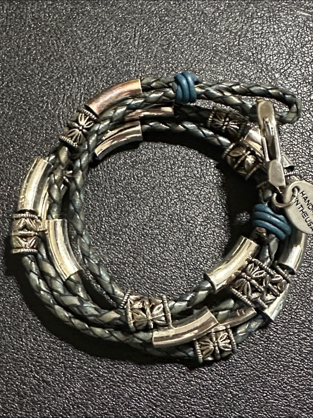 Lizzy James Braided Leather Wrap Bracelet Silver Plate Etched Crescents & Beads